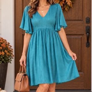 Arula Women Teal Blue Shimmer Babydoll Dress V-Neck Flutter Sleeve Size B BD4417